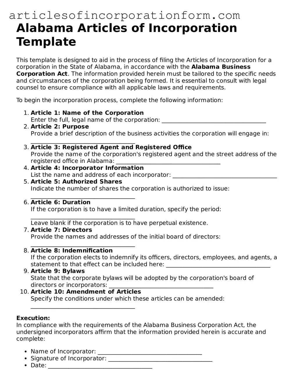 Attorney-Verified Alabama Articles of Incorporation Template