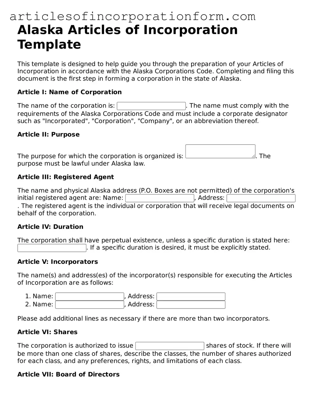 Attorney-Verified Alaska Articles of Incorporation Template