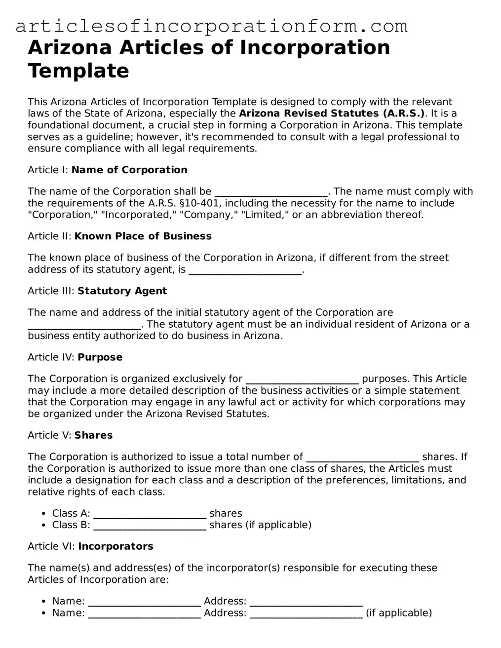 Attorney-Verified Arizona Articles of Incorporation Template