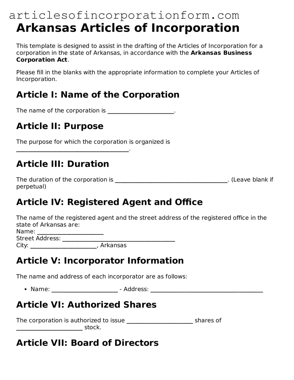 Attorney-Verified Arkansas Articles of Incorporation Template