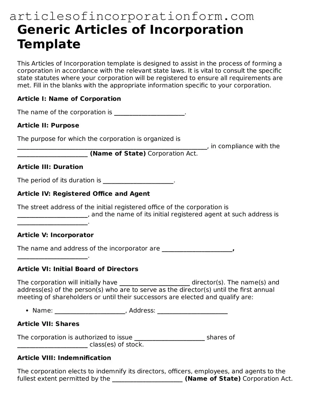 Valid Articles of Incorporation Document