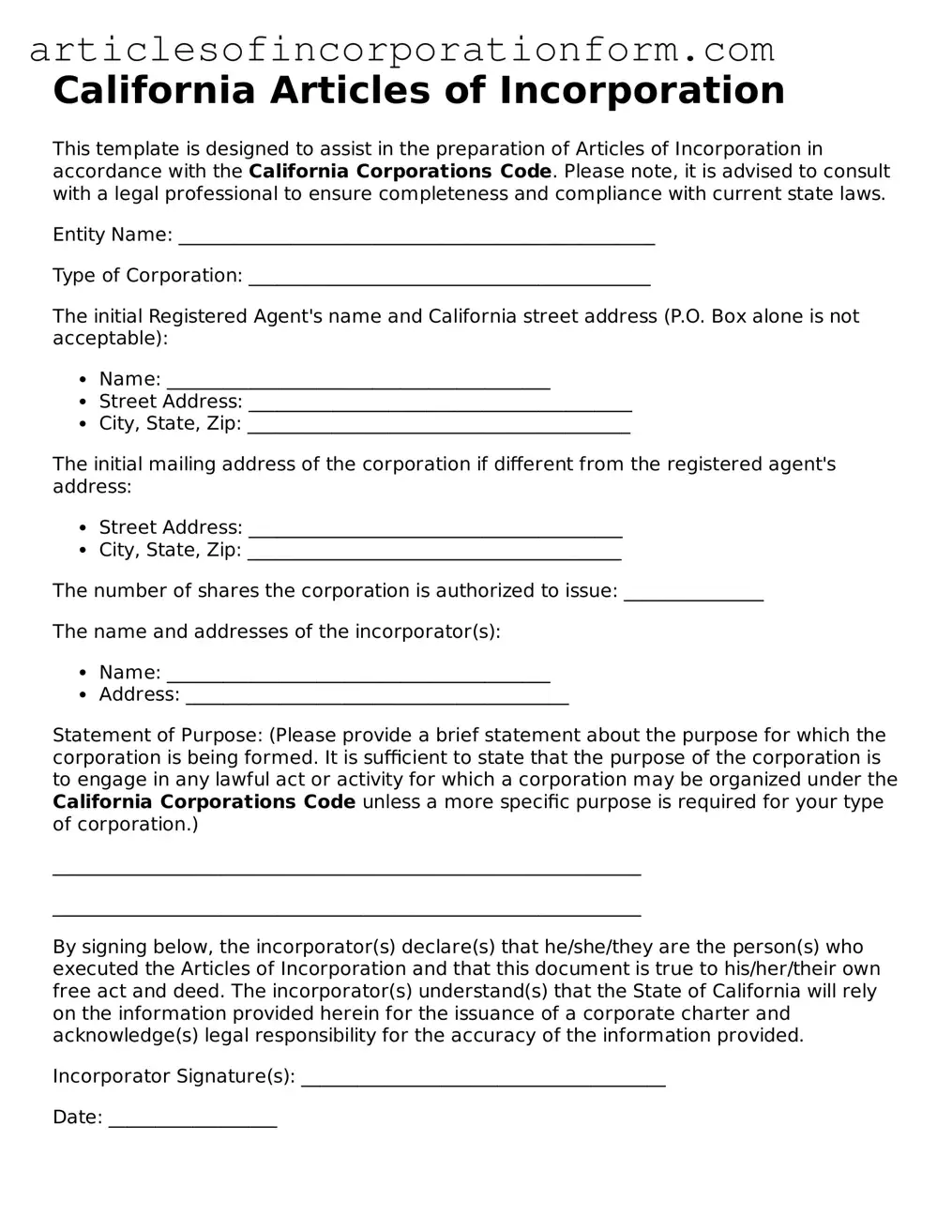 Attorney-Verified California Articles of Incorporation Template
