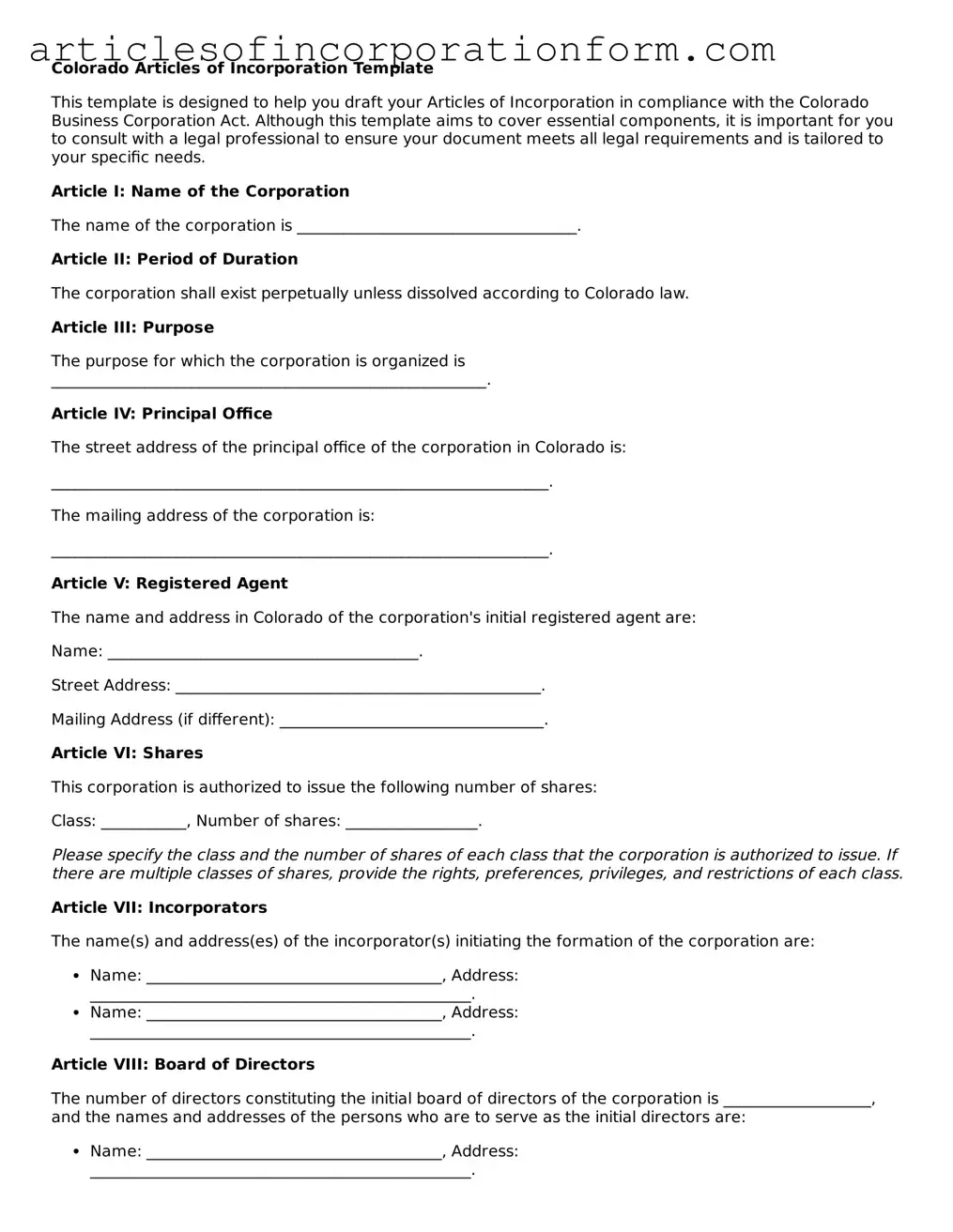 Attorney-Verified Colorado Articles of Incorporation Template