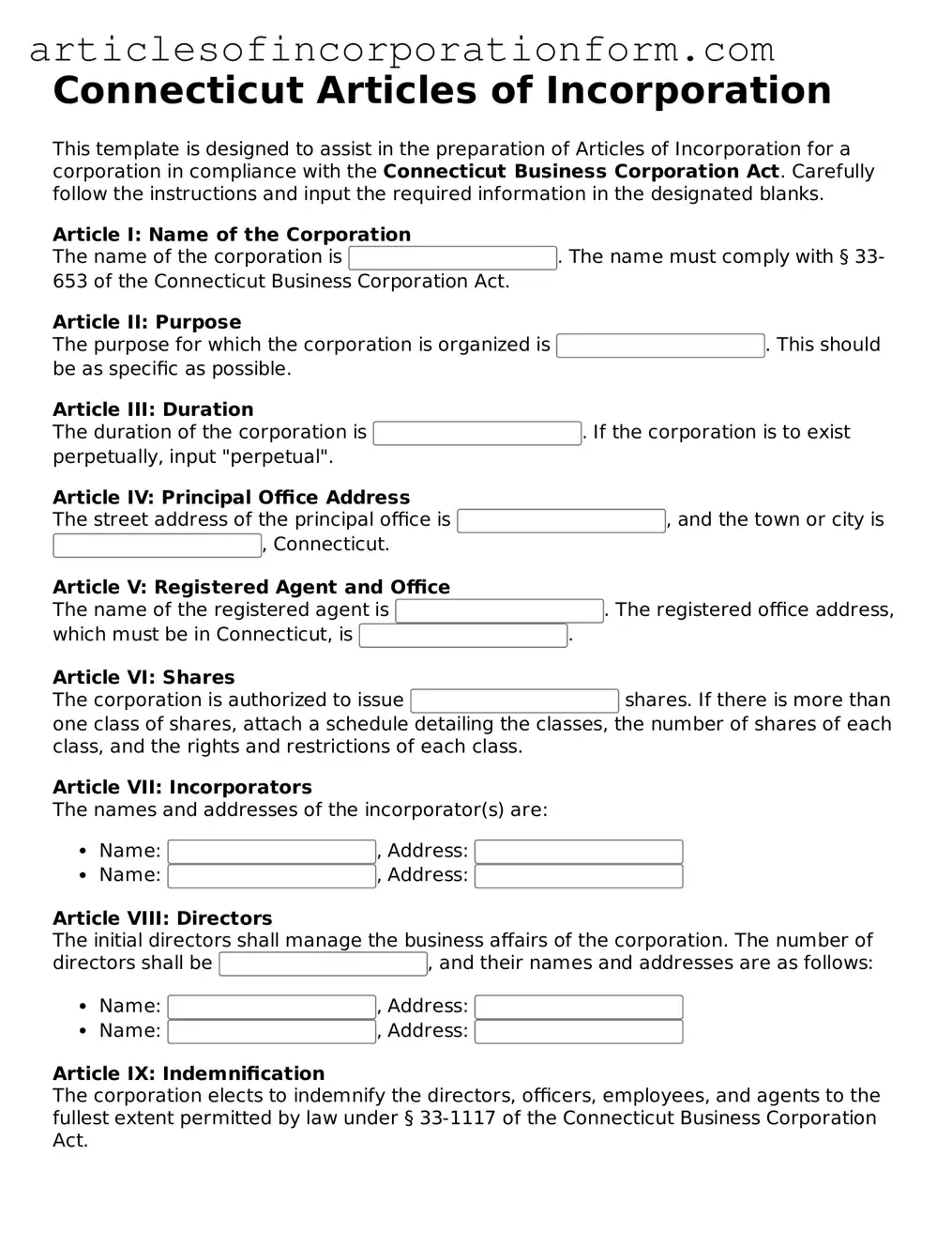 Attorney-Verified Connecticut Articles of Incorporation Template