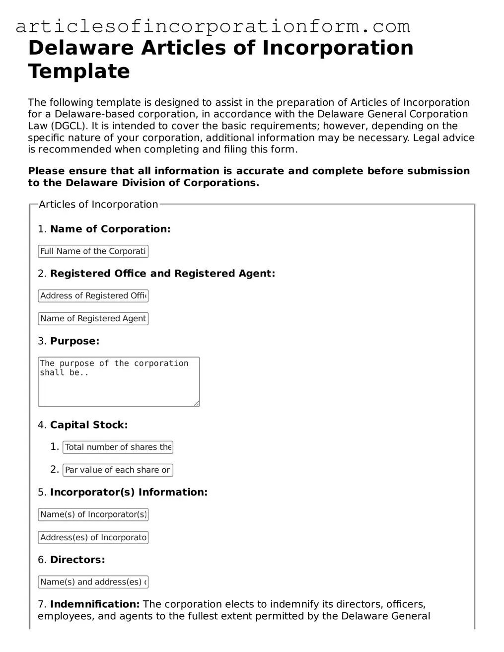 Attorney-Verified Delaware Articles of Incorporation Template
