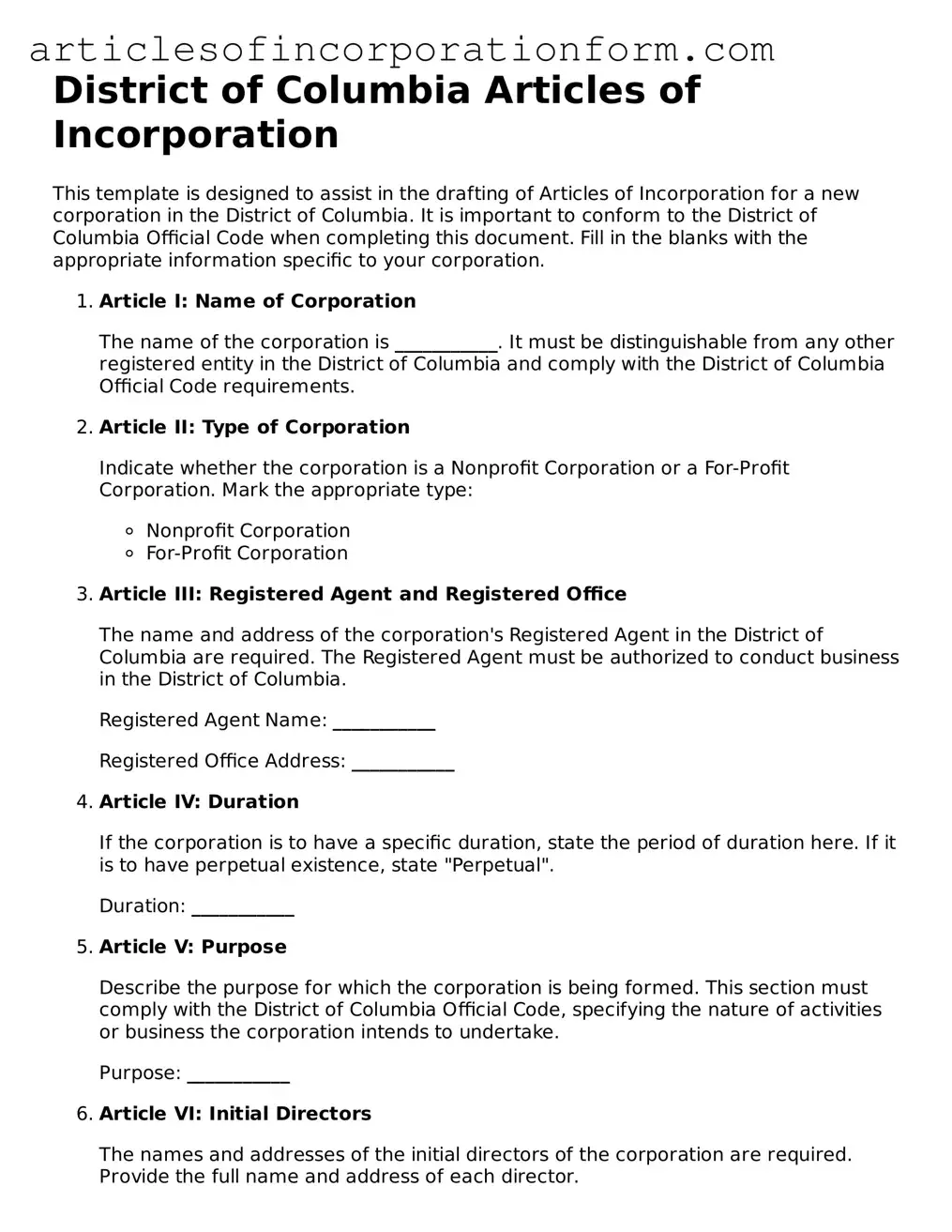 Attorney-Verified District of Columbia Articles of Incorporation Template