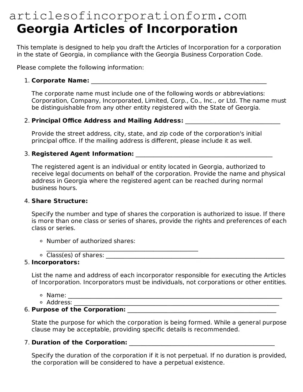 Attorney-Verified Georgia Articles of Incorporation Template