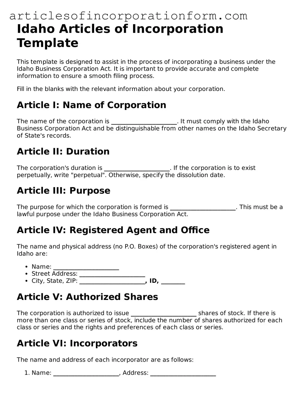 Attorney-Verified Idaho Articles of Incorporation Template