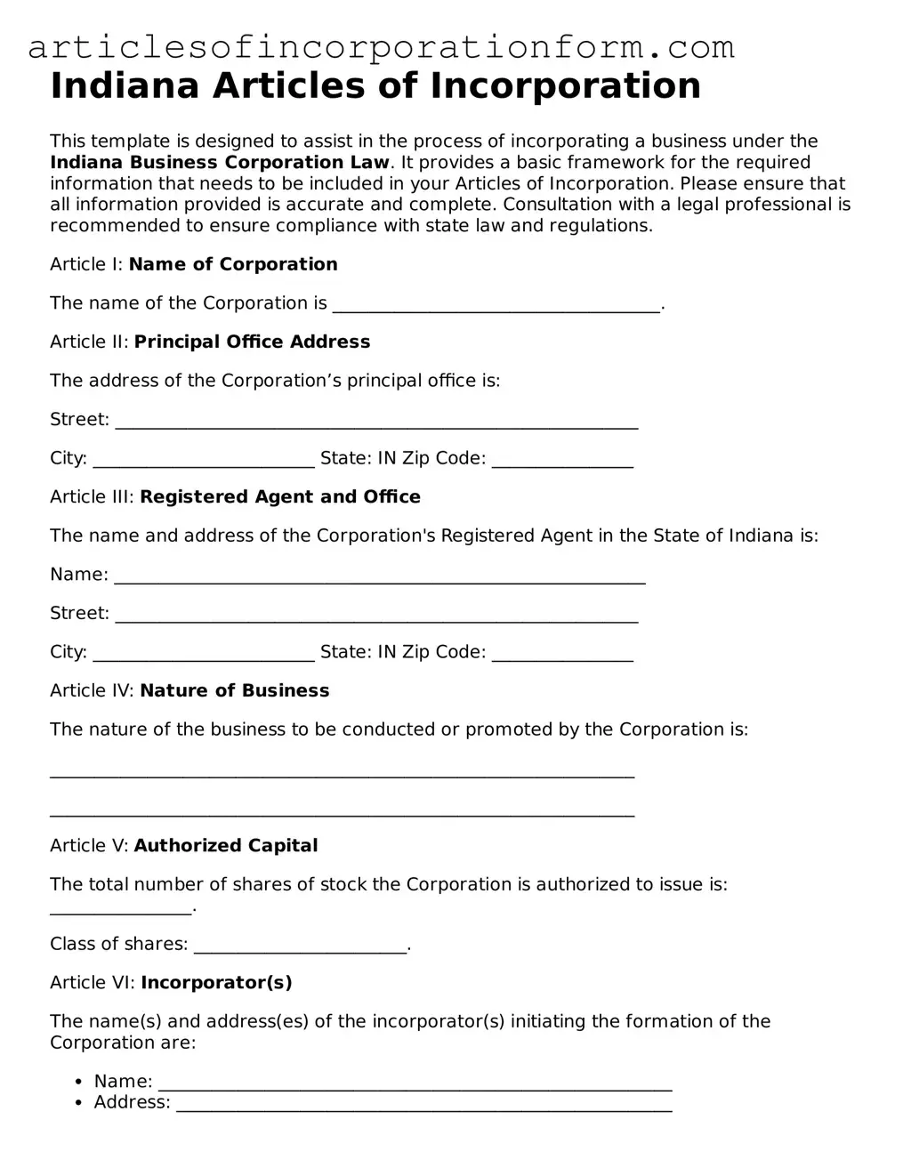 Attorney-Verified Indiana Articles of Incorporation Template