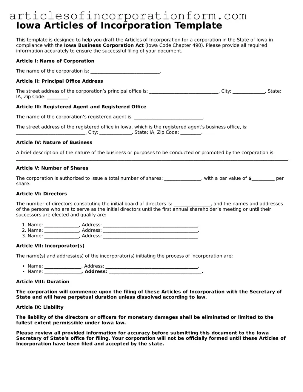 Attorney-Verified Iowa Articles of Incorporation Template