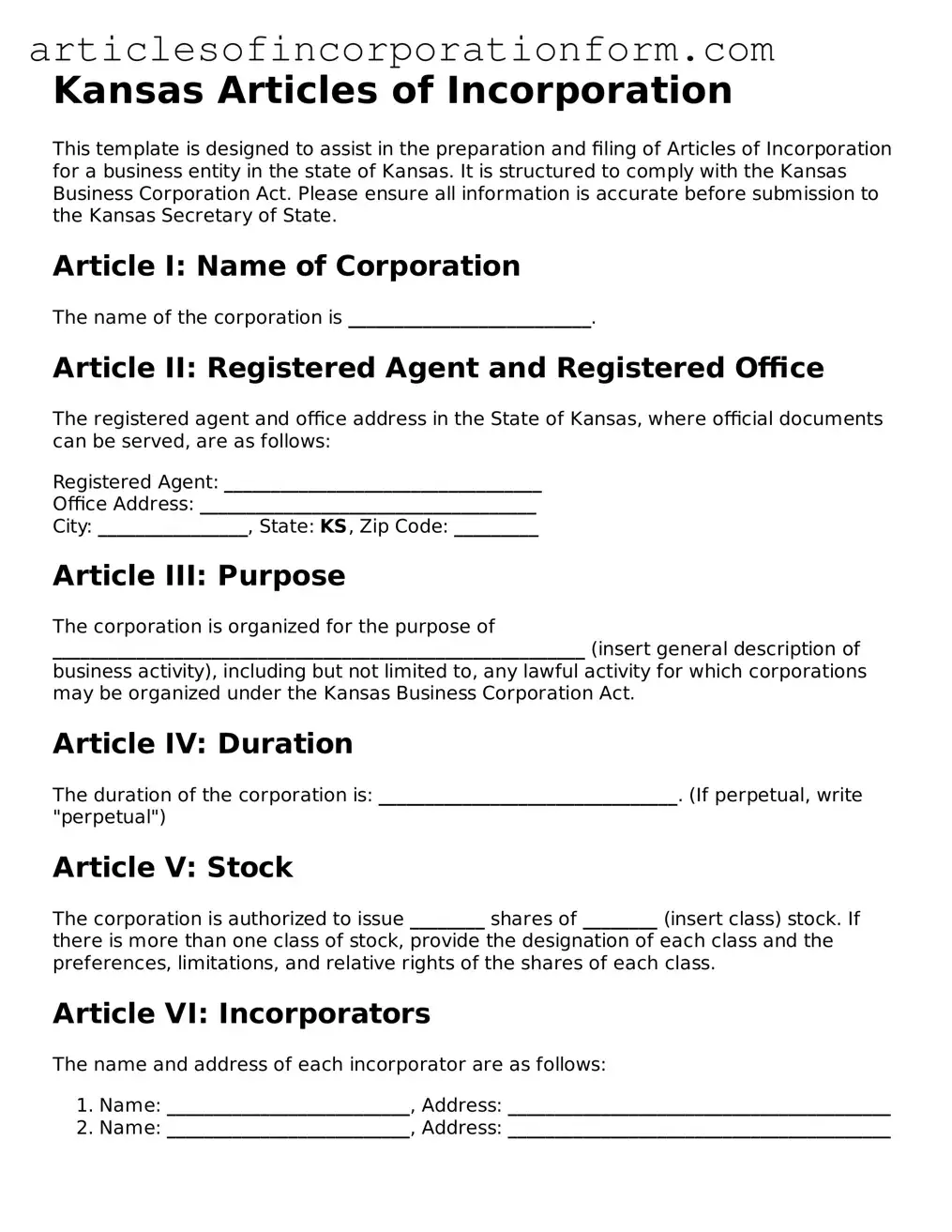 Attorney-Verified Kansas Articles of Incorporation Template