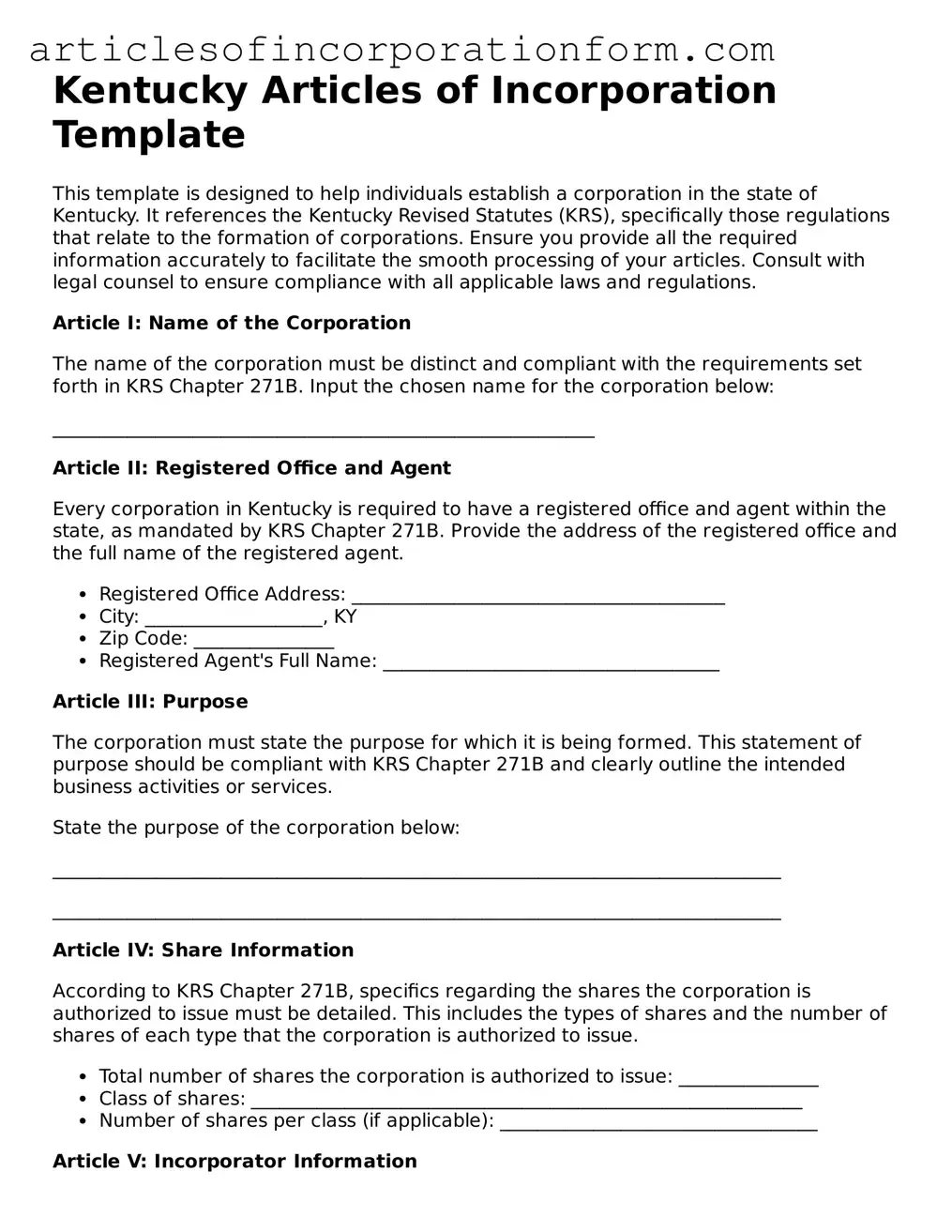 Attorney-Verified Kentucky Articles of Incorporation Template