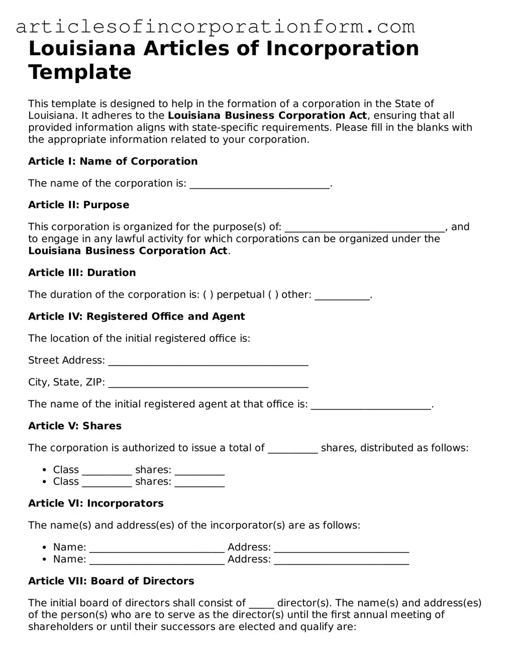 Attorney-Verified Louisiana Articles of Incorporation Template