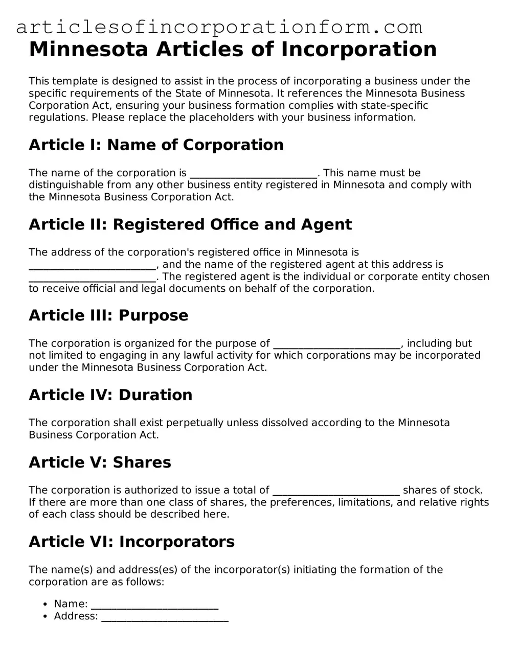 Attorney-Verified Minnesota Articles of Incorporation Template