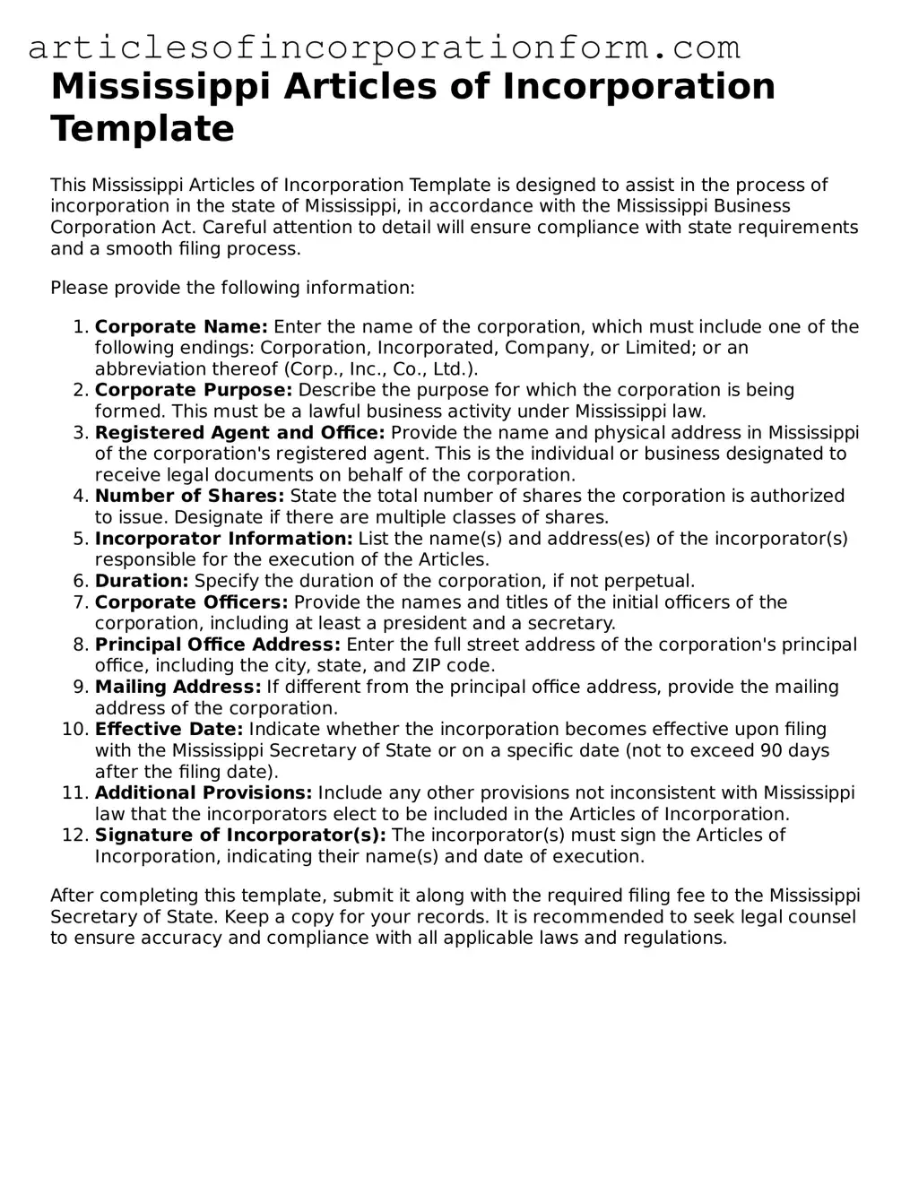 Attorney-Verified Mississippi Articles of Incorporation Template