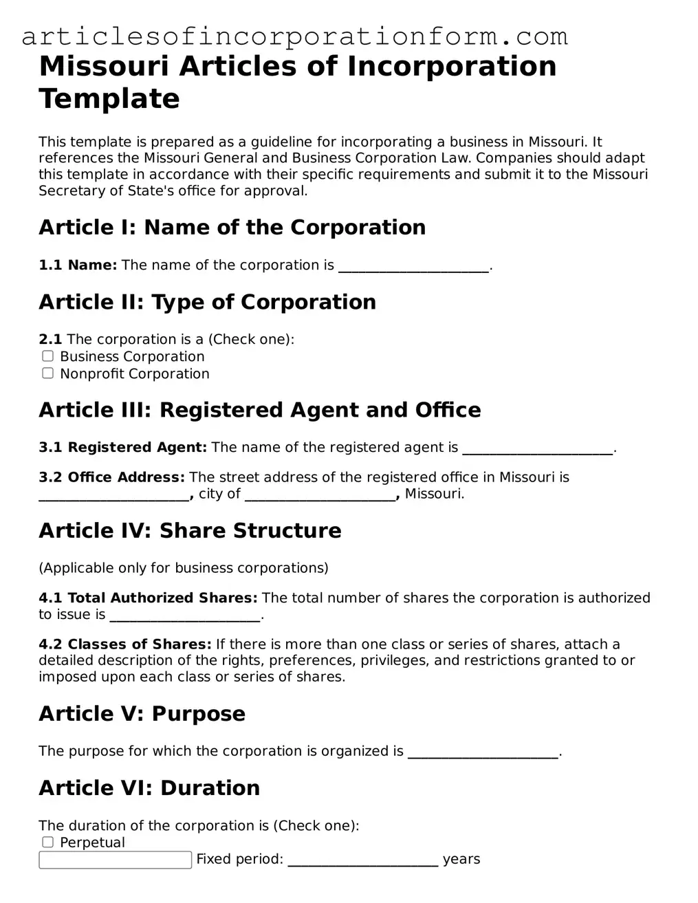 Attorney-Verified Missouri Articles of Incorporation Template