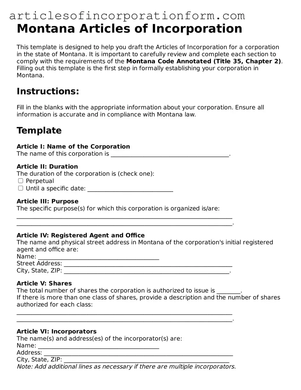 Attorney-Verified Montana Articles of Incorporation Template