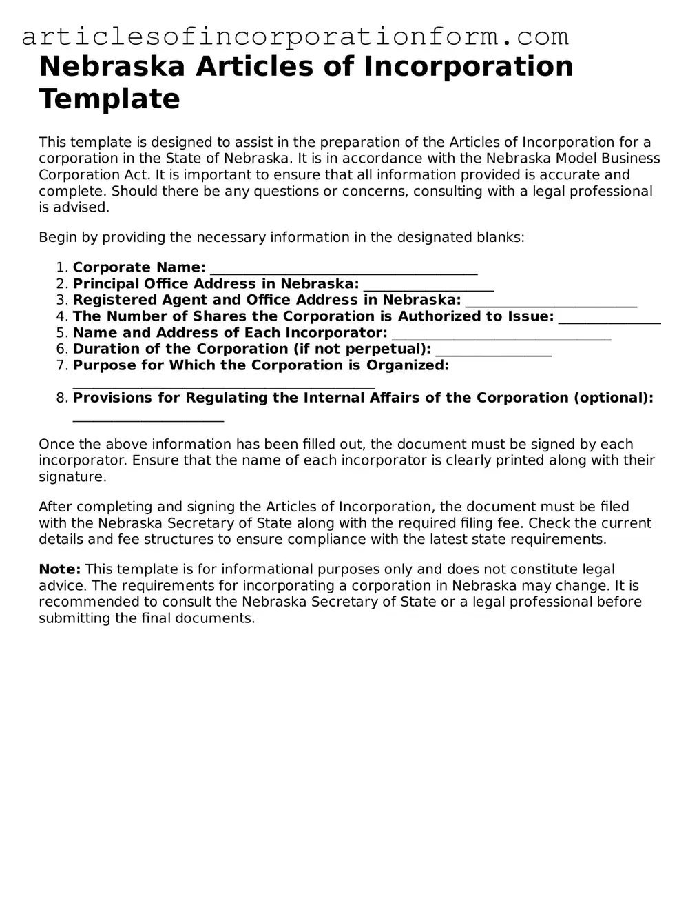 Attorney-Verified Nebraska Articles of Incorporation Template