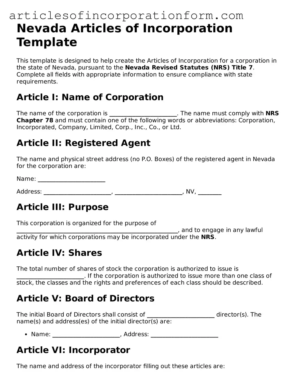 Attorney-Verified Nevada Articles of Incorporation Template