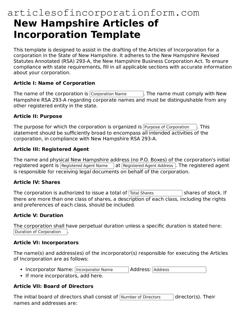 Attorney-Verified New Hampshire Articles of Incorporation Template