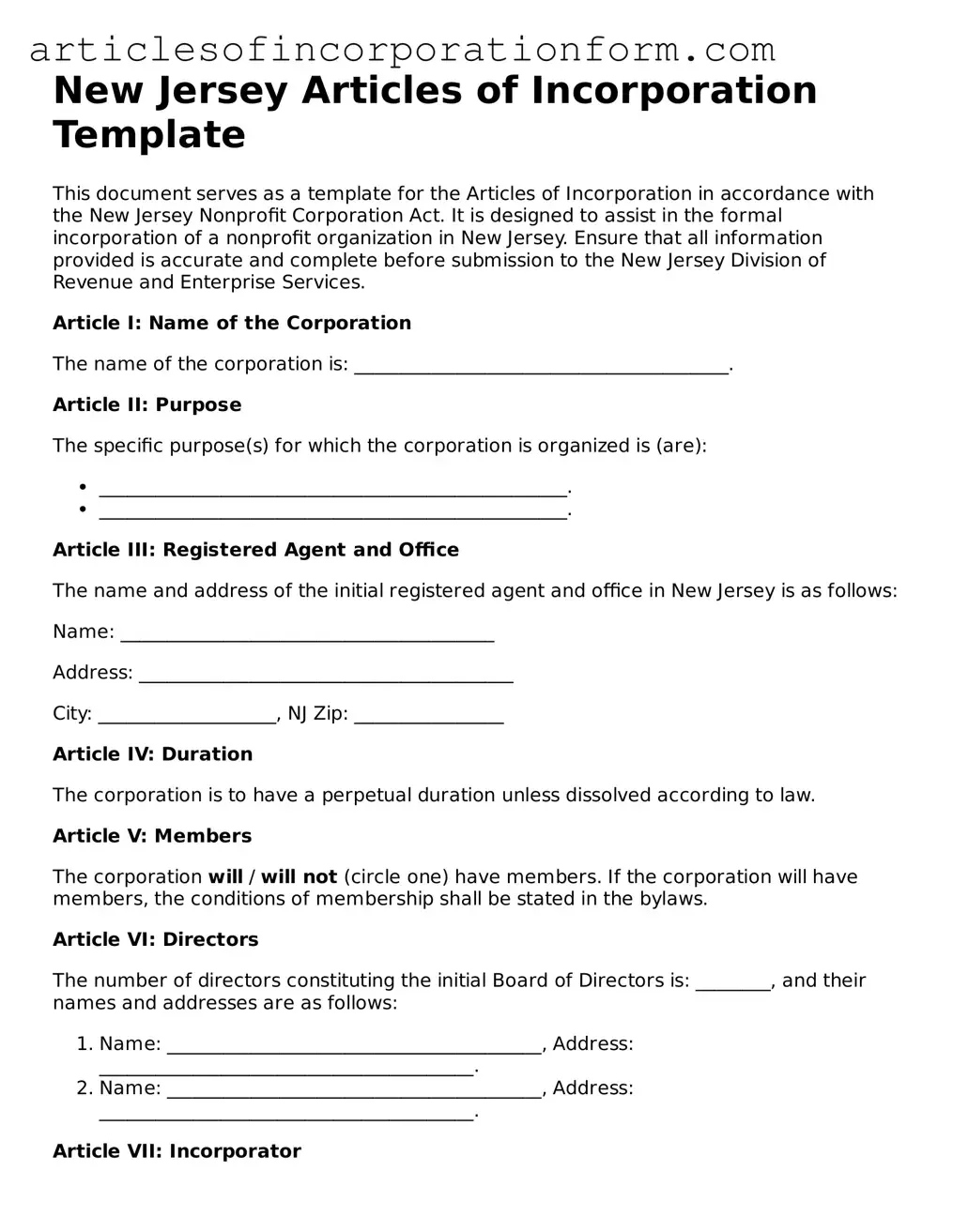 Attorney-Verified New Jersey Articles of Incorporation Template