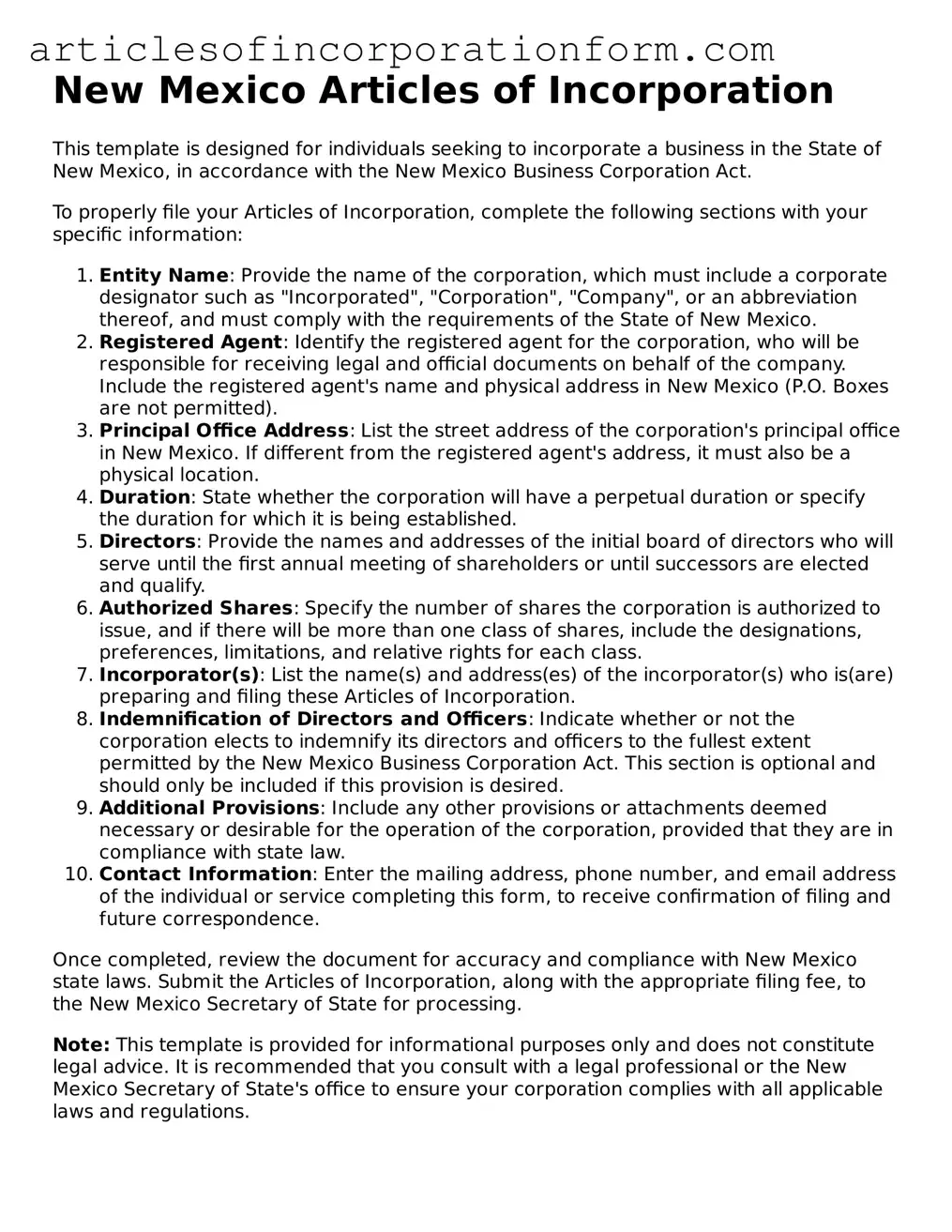 Attorney-Verified New Mexico Articles of Incorporation Template