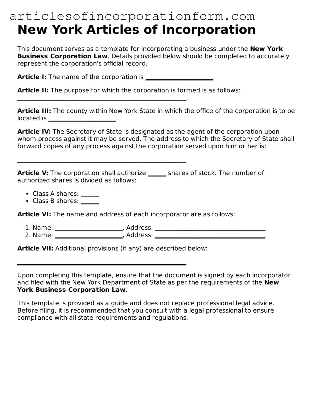 Attorney-Verified New York Articles of Incorporation Template