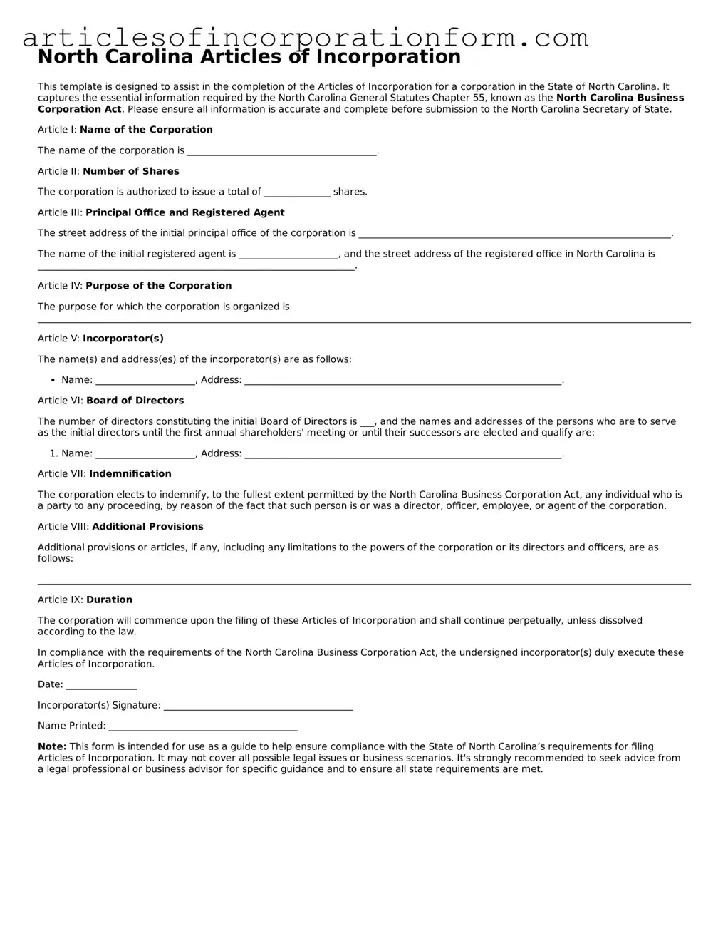 Attorney-Verified North Carolina Articles of Incorporation Template