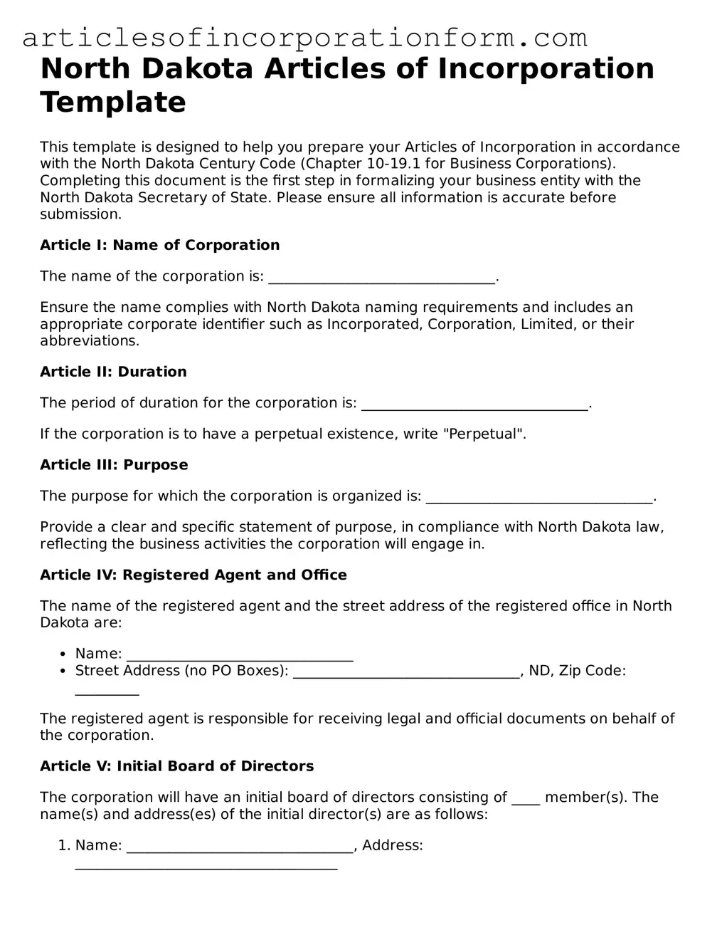 Attorney-Verified North Dakota Articles of Incorporation Template