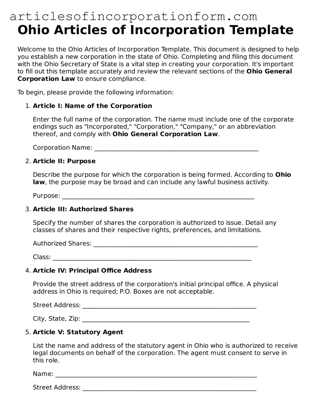 Attorney-Verified Ohio Articles of Incorporation Template