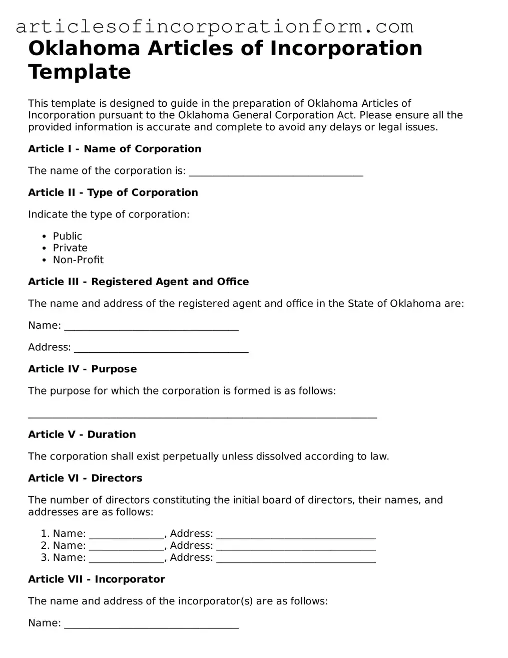 Attorney-Verified Oklahoma Articles of Incorporation Template