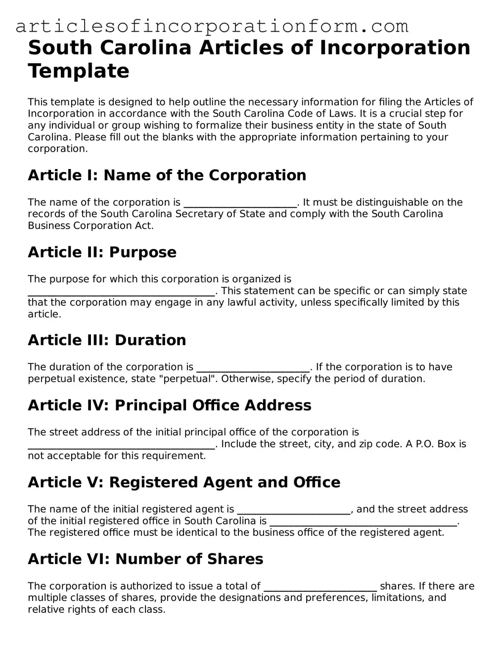 Attorney-Verified South Carolina Articles of Incorporation Template
