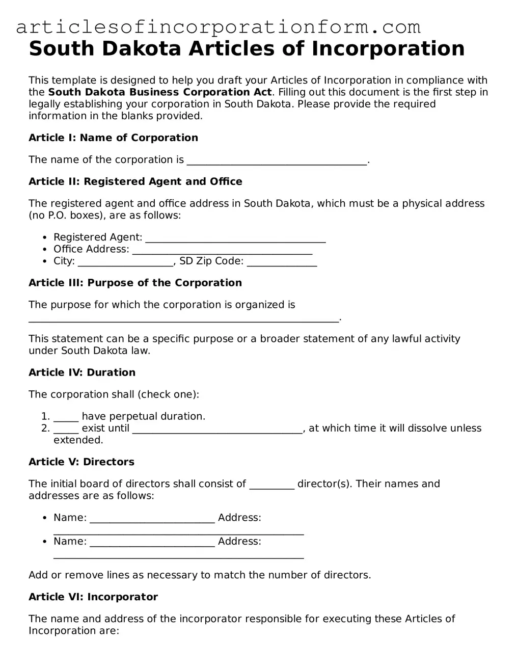 Attorney-Verified South Dakota Articles of Incorporation Template