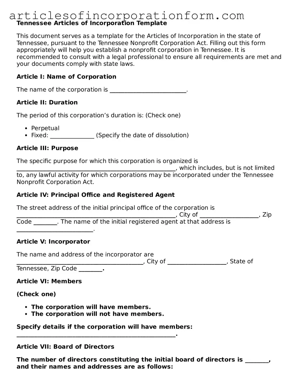 Attorney-Verified Tennessee Articles of Incorporation Template