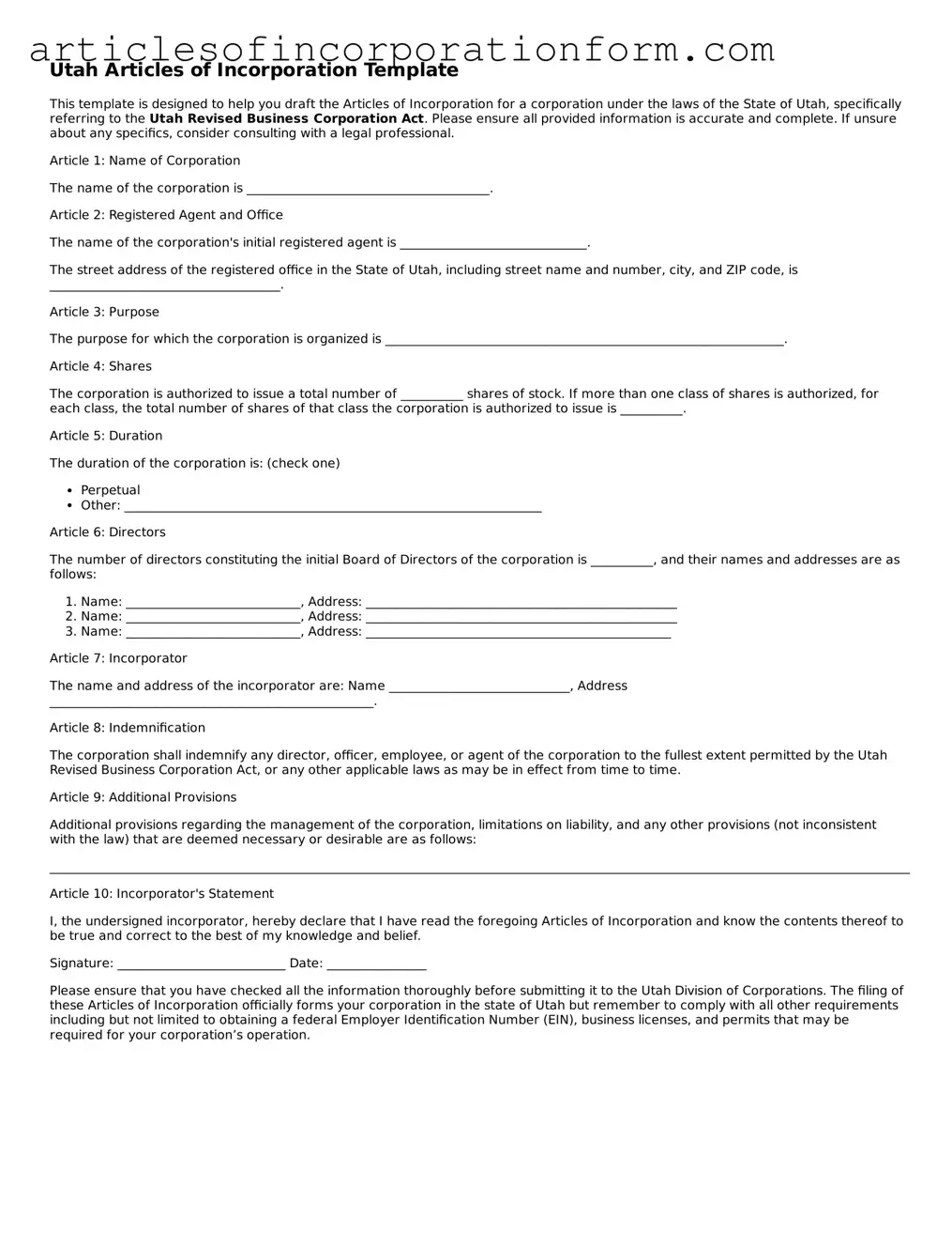 Attorney-Verified Utah Articles of Incorporation Template