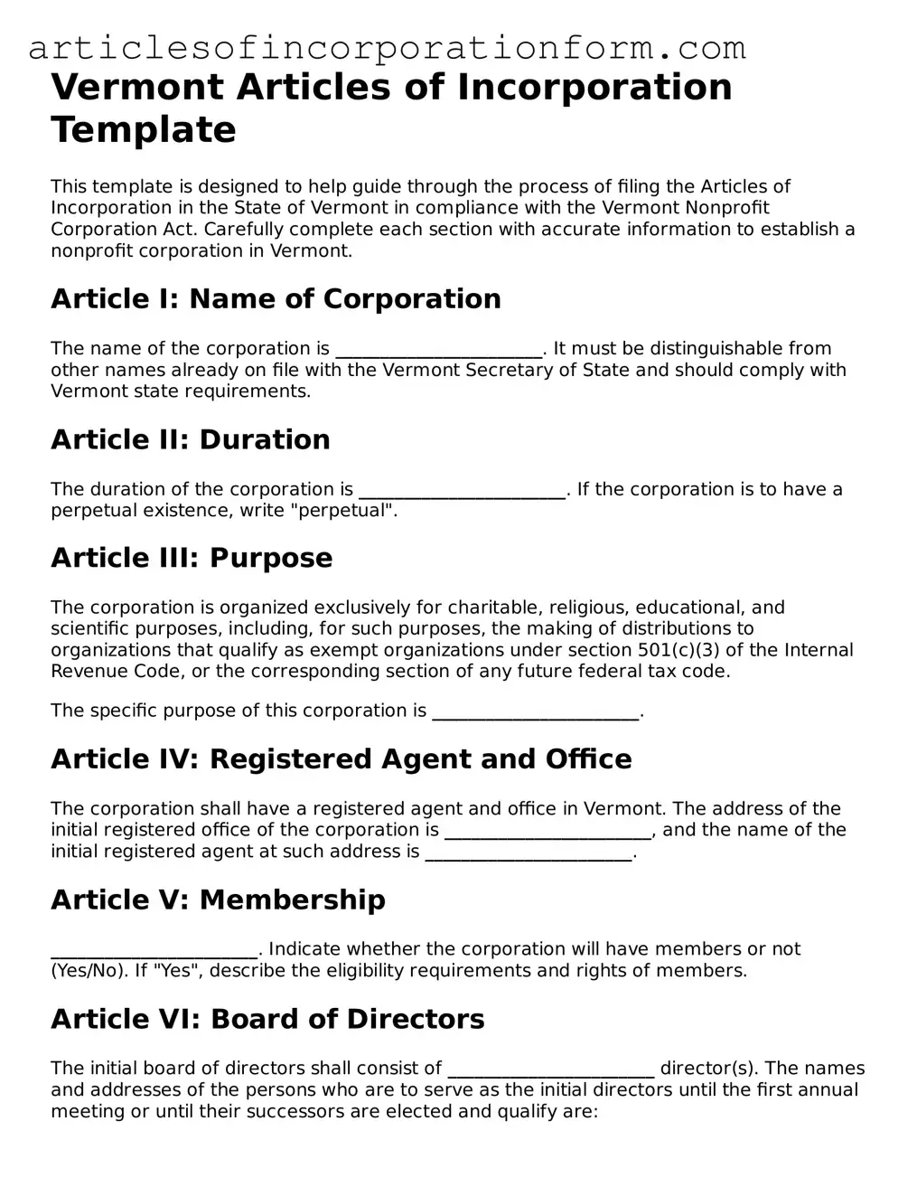 Attorney-Verified Vermont Articles of Incorporation Template