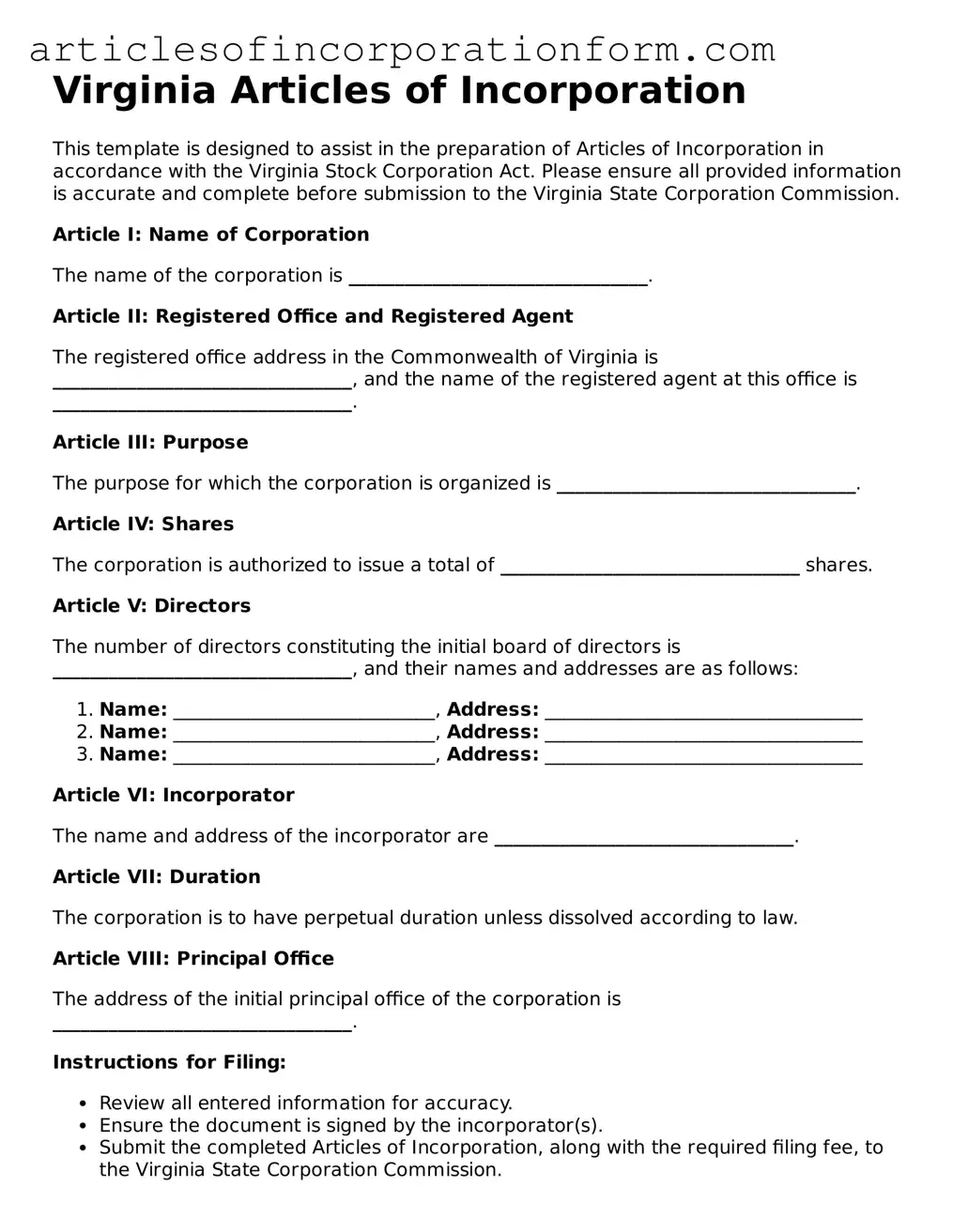 Attorney-Verified Virginia Articles of Incorporation Template