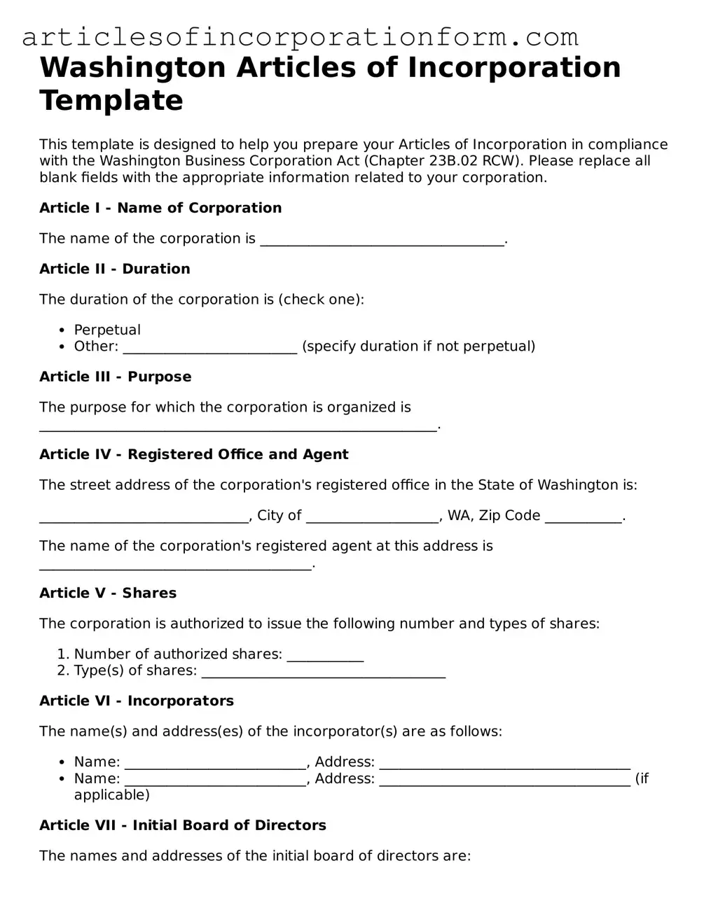 Attorney-Verified Washington Articles of Incorporation Template