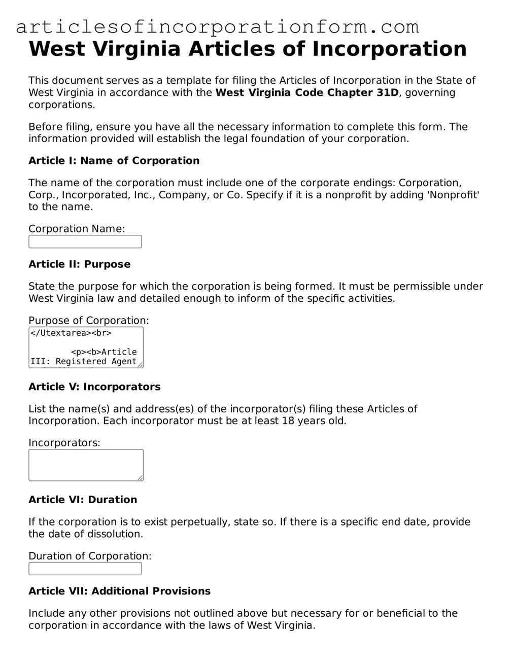 Attorney-Verified West Virginia Articles of Incorporation Template