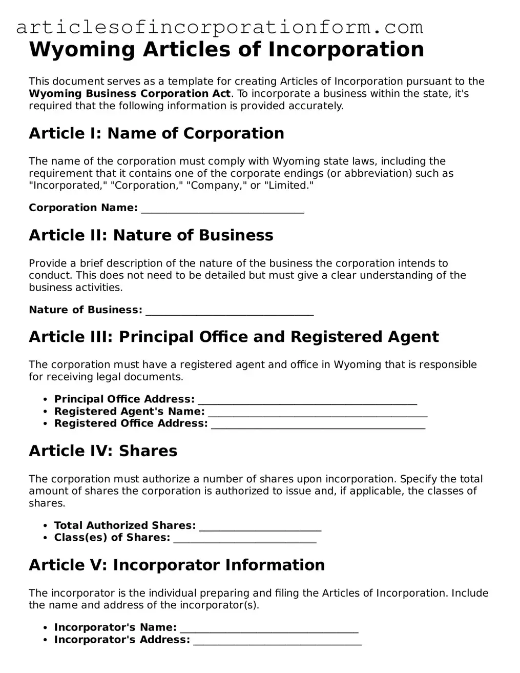 Attorney-Verified Wyoming Articles of Incorporation Template